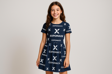 Teenage girl with a dress of expomaxx logo on it